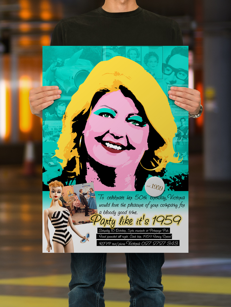 Victoria Pomeroy “Party like it’s 1959” 50th birthday party invitation and poster.