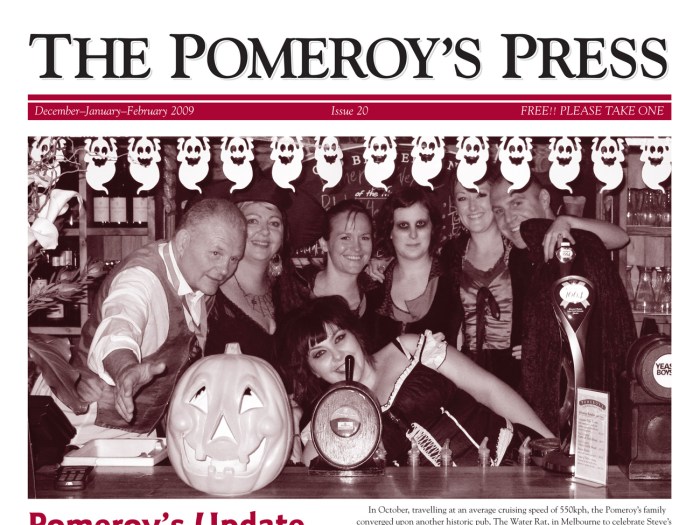 The Pomeroy’s Press. Pom’s Staff profile article. Halloween Party group shot behind the bar.