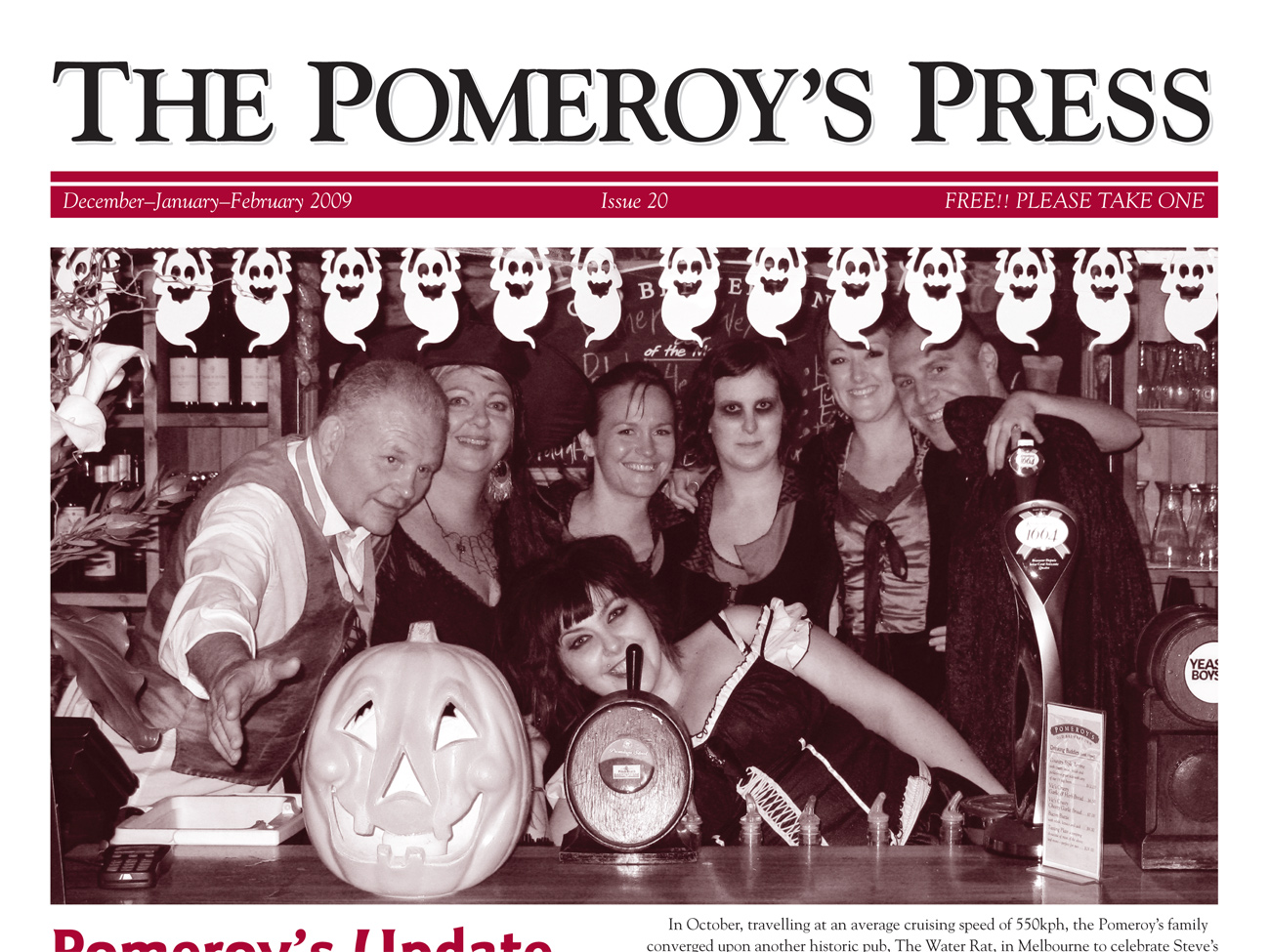 The Pomeroy’s Press. Pom’s Staff profile article. Halloween Party group shot behind the bar.