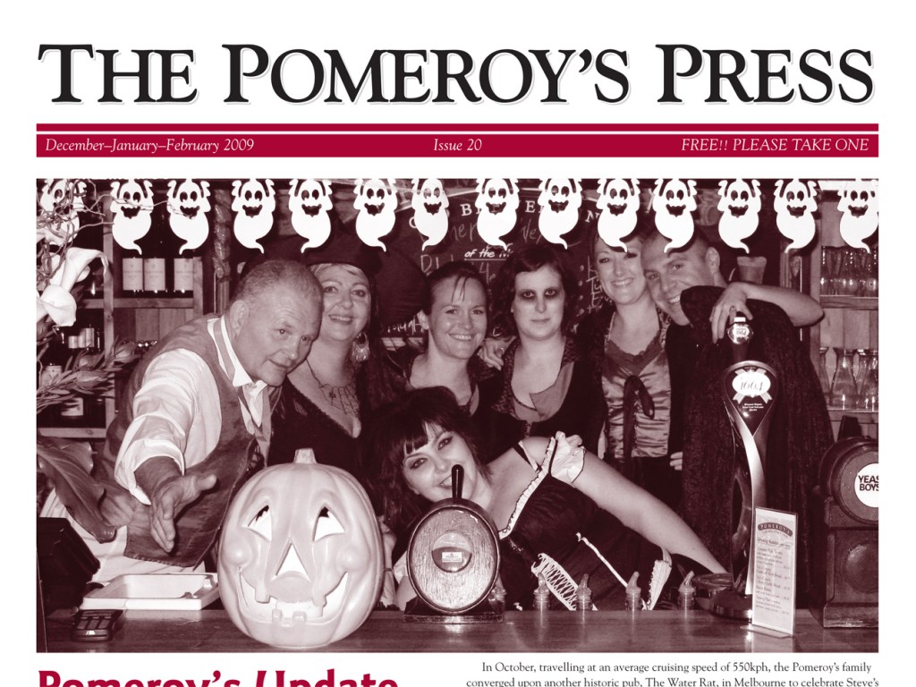 The Pomeroy’s Press. Pom’s Staff profile article. Halloween Party group shot behind the bar.