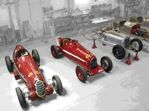 Three historic Alfa Romeo racing cars of the 1930s, including one of only three Tips B “P3”, are lined up in the Auto Restorations workshop.
