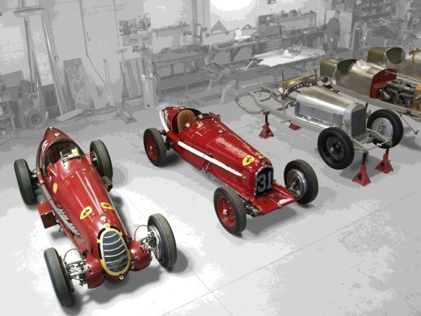 Three historic Alfa Romeo racing cars of the 1930s, including one of only three Tips B “P3”, are lined up in the Auto Restorations workshop.