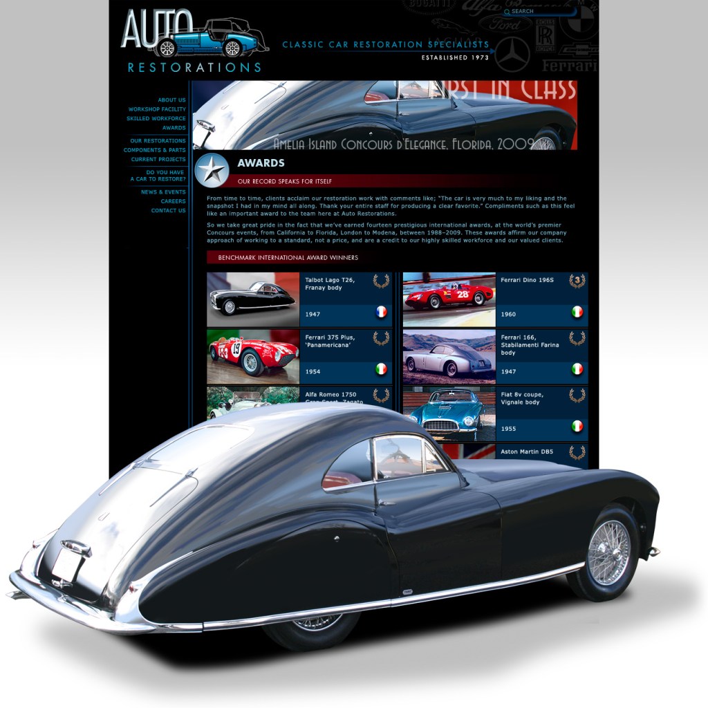 Auto Restorations’ website homepage layout, click to view at full size. Auto Restorations website after. Award winning restorations page.