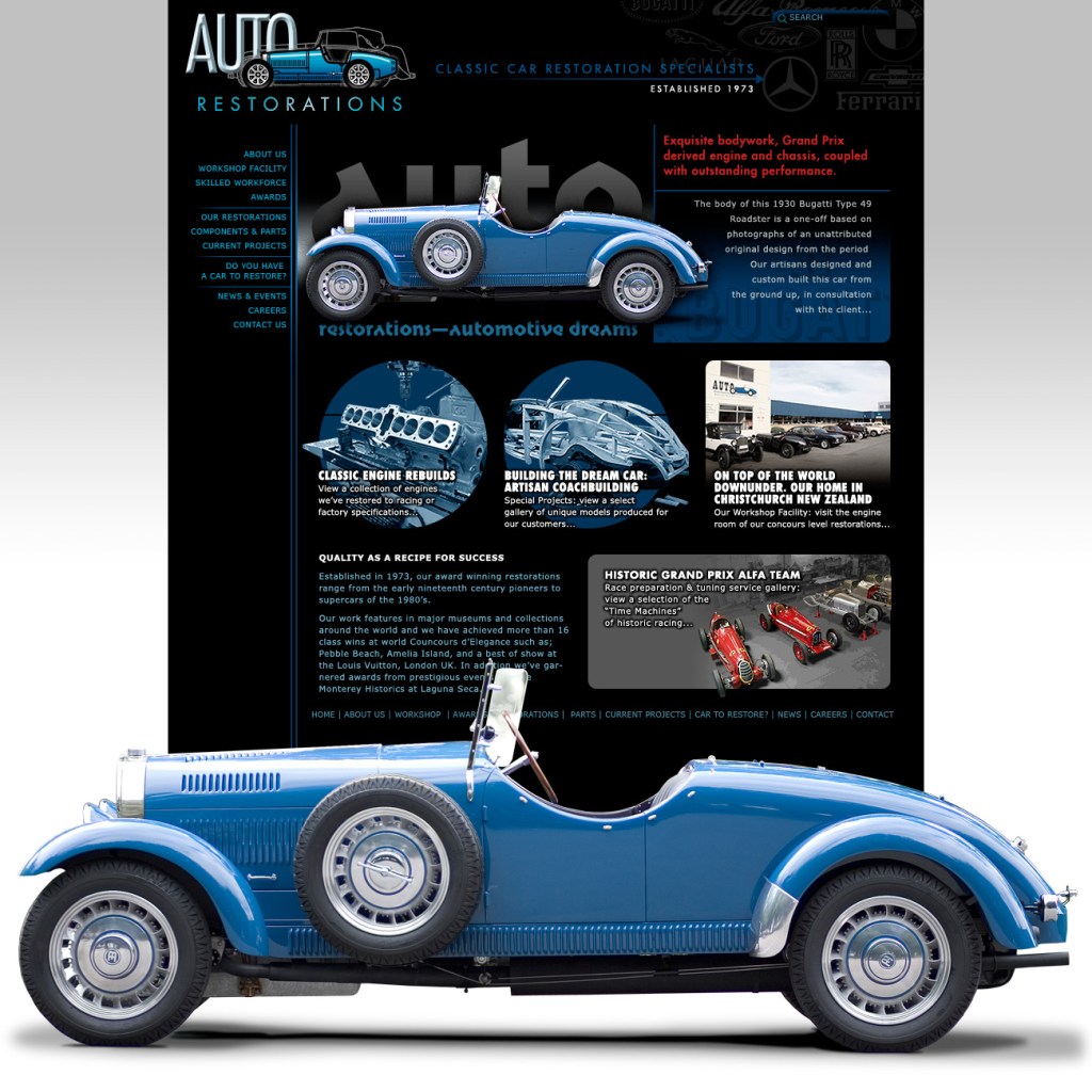 Auto Restorations’ website homepage layout, click to view at full size. Auto Restorations website after. Home page.