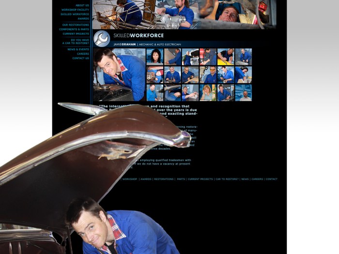 Auto Restorations website after redesign. Skilled workforce page interactive mosaic of employees.