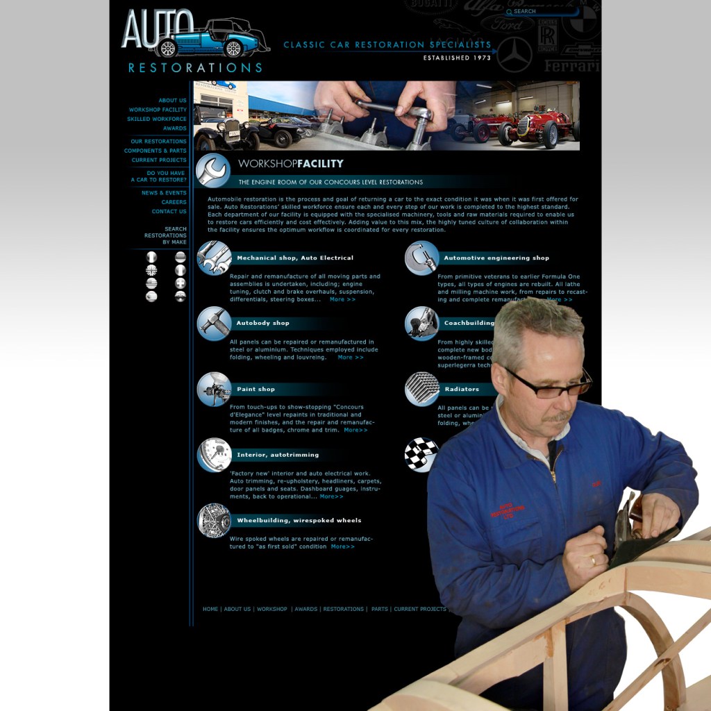 Auto Restorations website after. Workshop facility header page.