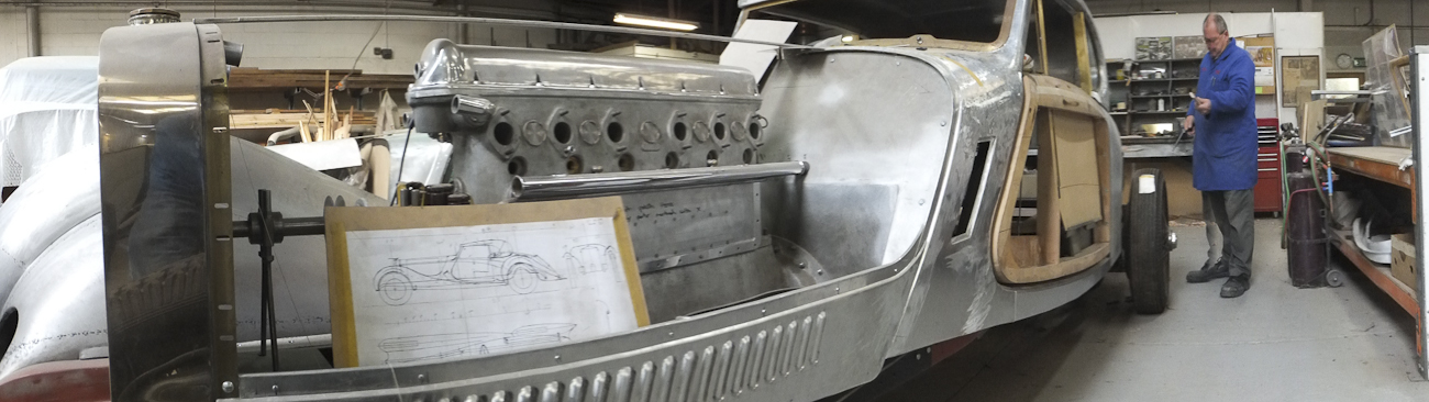 Auto Restorations Custom Coachbuilding Shop panorama. Hispano Suiza.