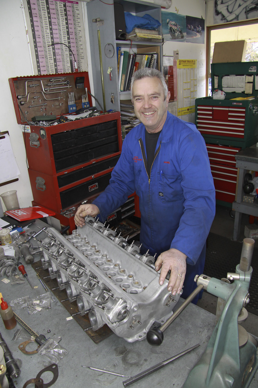 Maurice Gaskell on the tools rebuilding a classic camshaft in the Mechanical Shop at Auto Restorations.