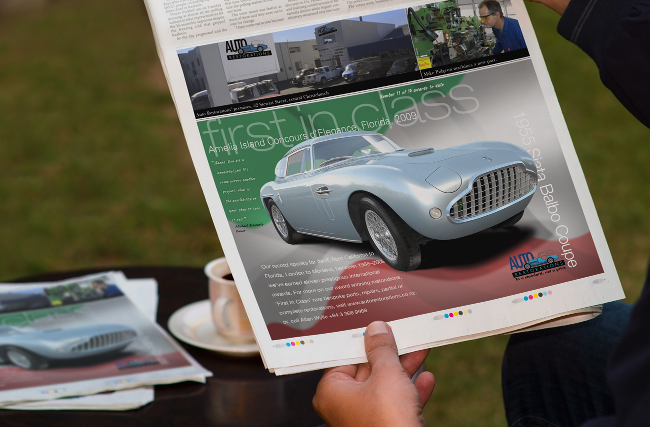 Auto Restorations Siata Balbo, First in Class Classic car magazine advertisement hand held