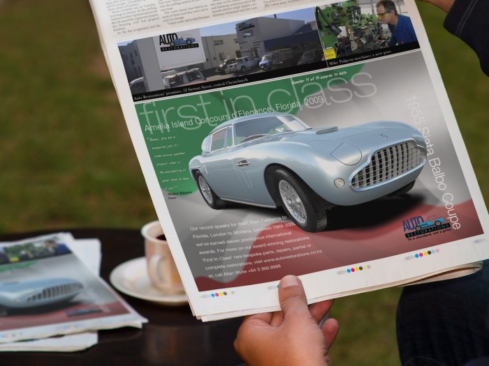 Auto Restorations Siata Balbo, First in Class Classic car magazine advertisement hand held