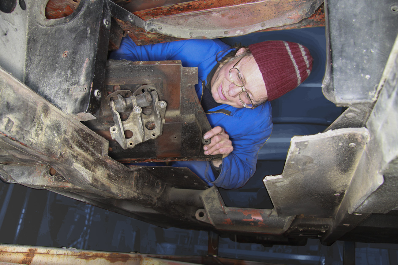 Paul Joslen, engaged in a detail of replacing the complete floor pan of a classic restoration, Panel Shop, Auto Restorations