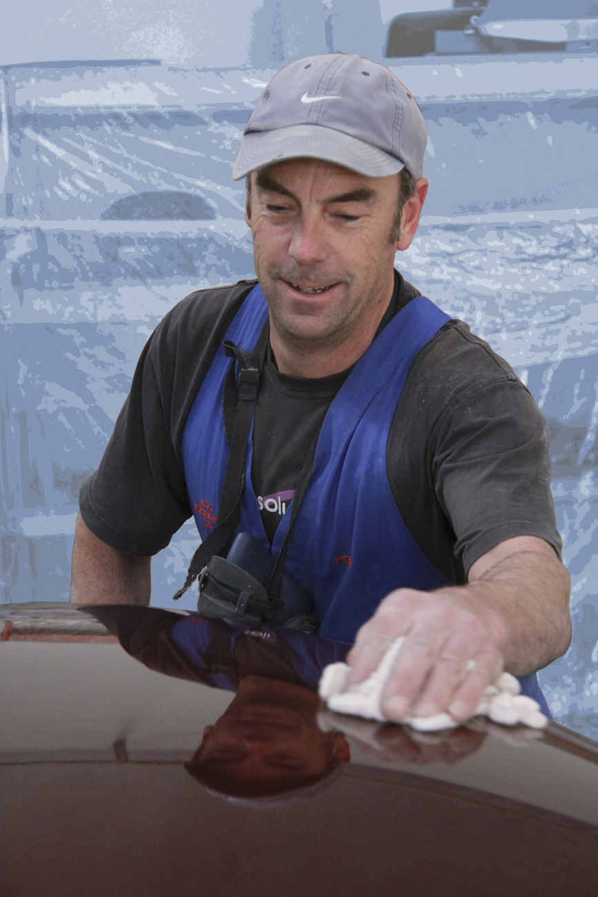 Peter Hendricks putting the finishing touch on the Concours award winning paint job of a complete Ferrari Lusso restoration, Paint Shop, Auto Restorations.