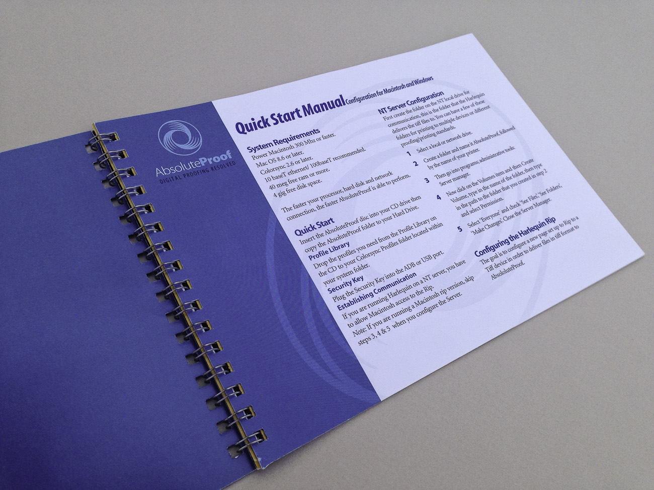 AbsoluteProof Quickstart Manual, colour, A5 landscape, inside cover spread.