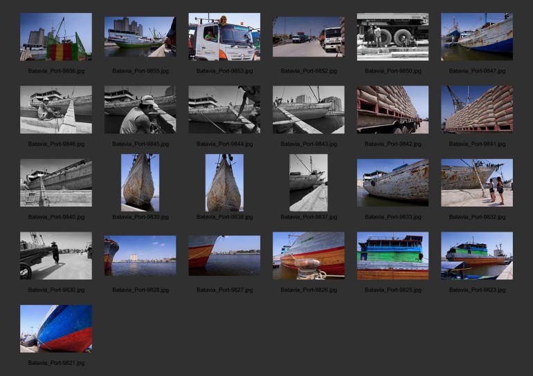 Contact sheet of the first set of 25 images shot on the tour of the port of Sunda Kelapa, Jakarta, Indonesia