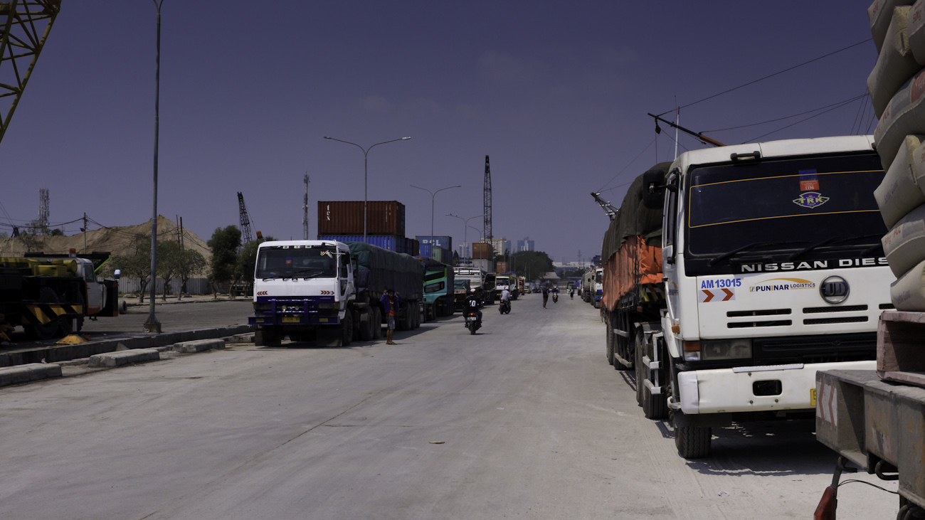 Freight trucks lined up at the port of Sunda Kelapa, Jakarta, Indonesia.