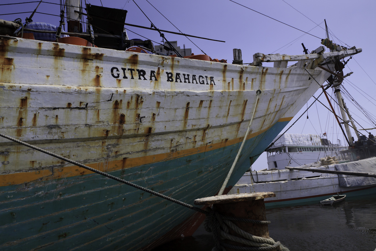 The prow of lamba type of motorised Pinisi named Citra Bahagia the old port of Sunda Kelapa, Jakarta, Indonesia.