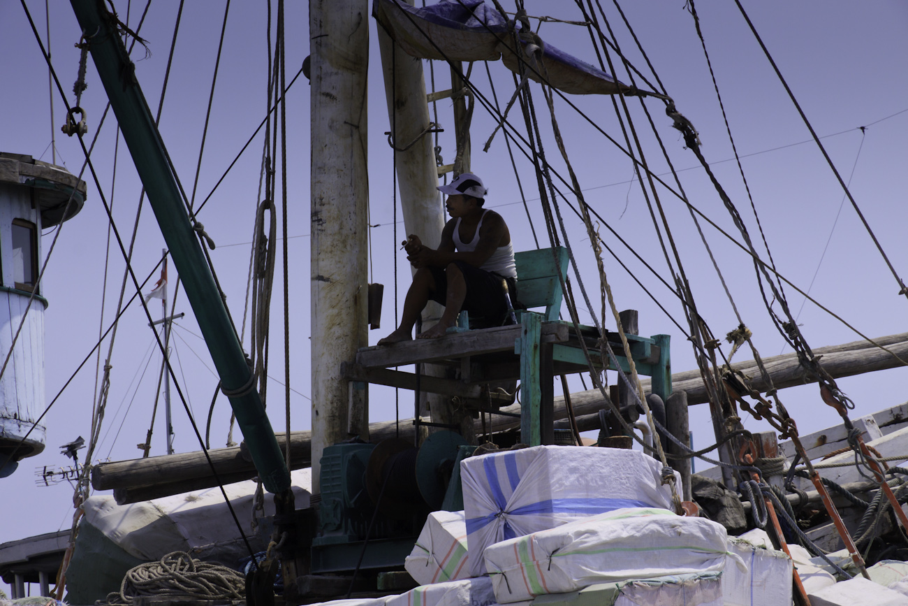 Boat deck crane operator taking a smoko break.