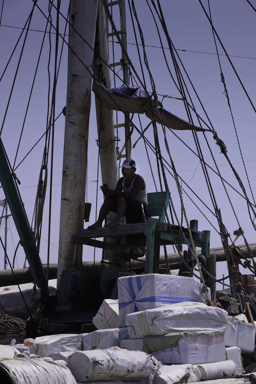 Boat deck crane operator taking a smoko break.