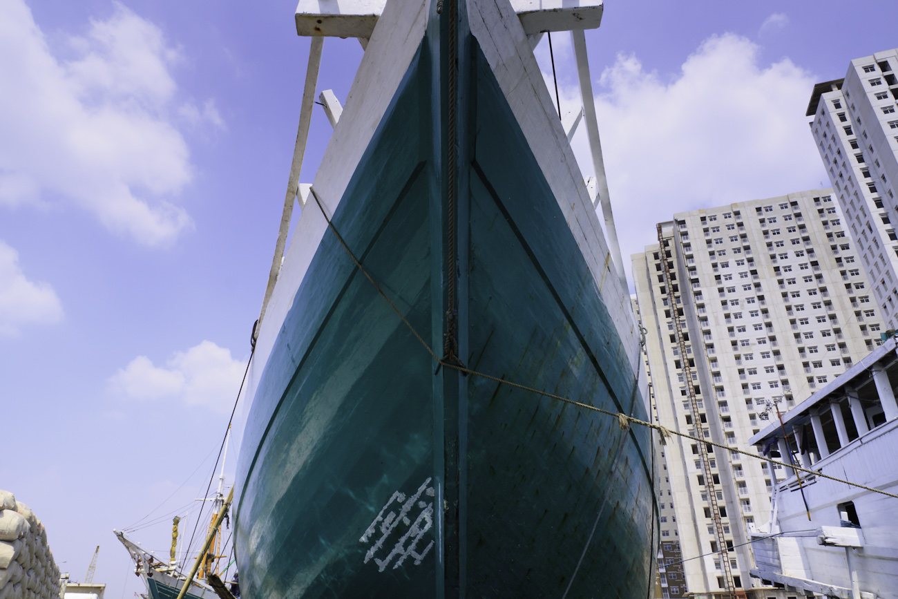 The prow of a magnificent Pinisi traditional Indonesian boat. Port of Sunda Kelapa, old harbour, Jakarta.