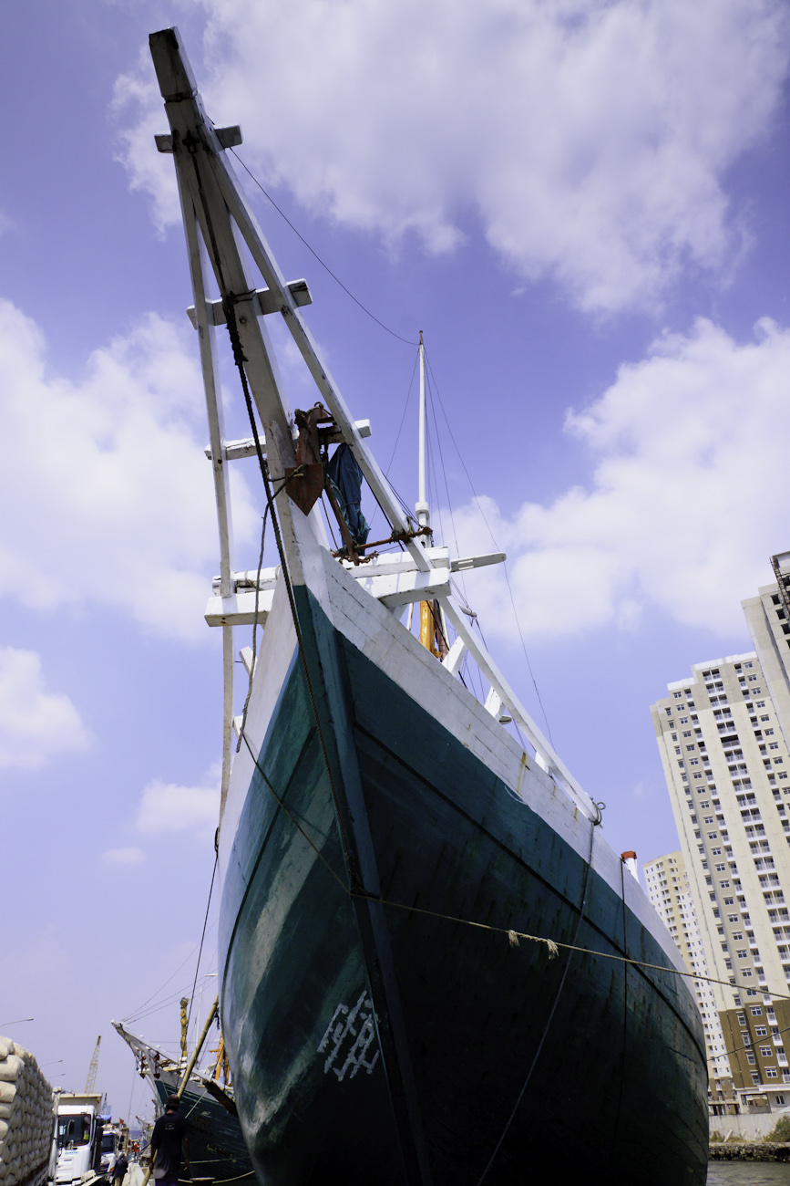 The prow of a magnificent Pinisi traditional Indonesian boat. Port of Sunda Kelapa, old harbour, Jakarta.