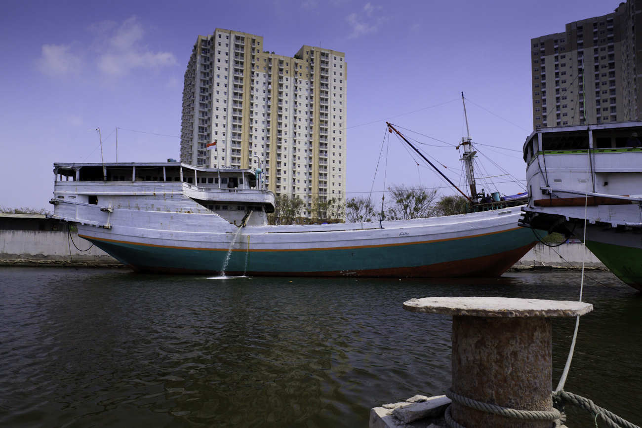 Lamba type of motorised Pinisi lined up at Sunda Kelapa, old harbour of Jakarta.