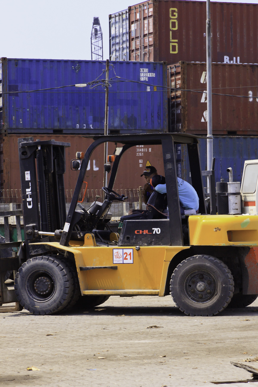 Forklift being operated on the wharf of the Sunda Kelapa old port.