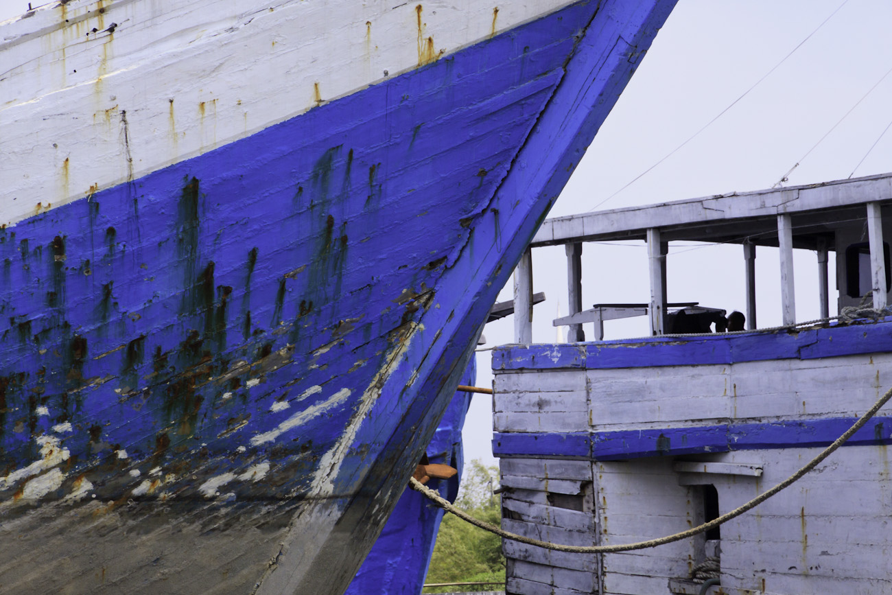 Abstract detail of three motorised Pinisi, old port of Sunda Kelapa.