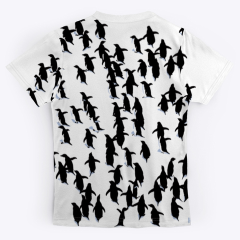 White teeshirt for sale with an all-over print of Adelie penguins coming toward you on the front, going away on the back
