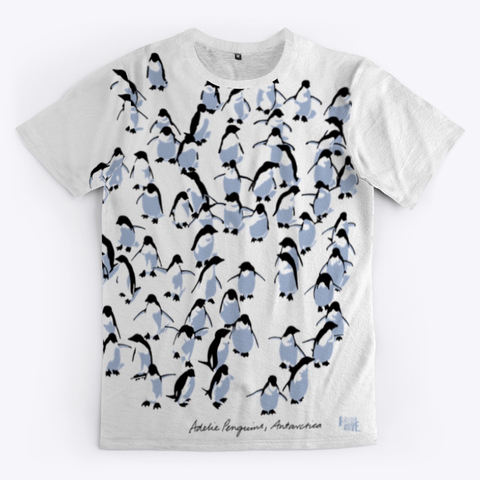 White teeshirt for sale with an all-over print of Adelie penguins coming toward you on the front, going away on the back