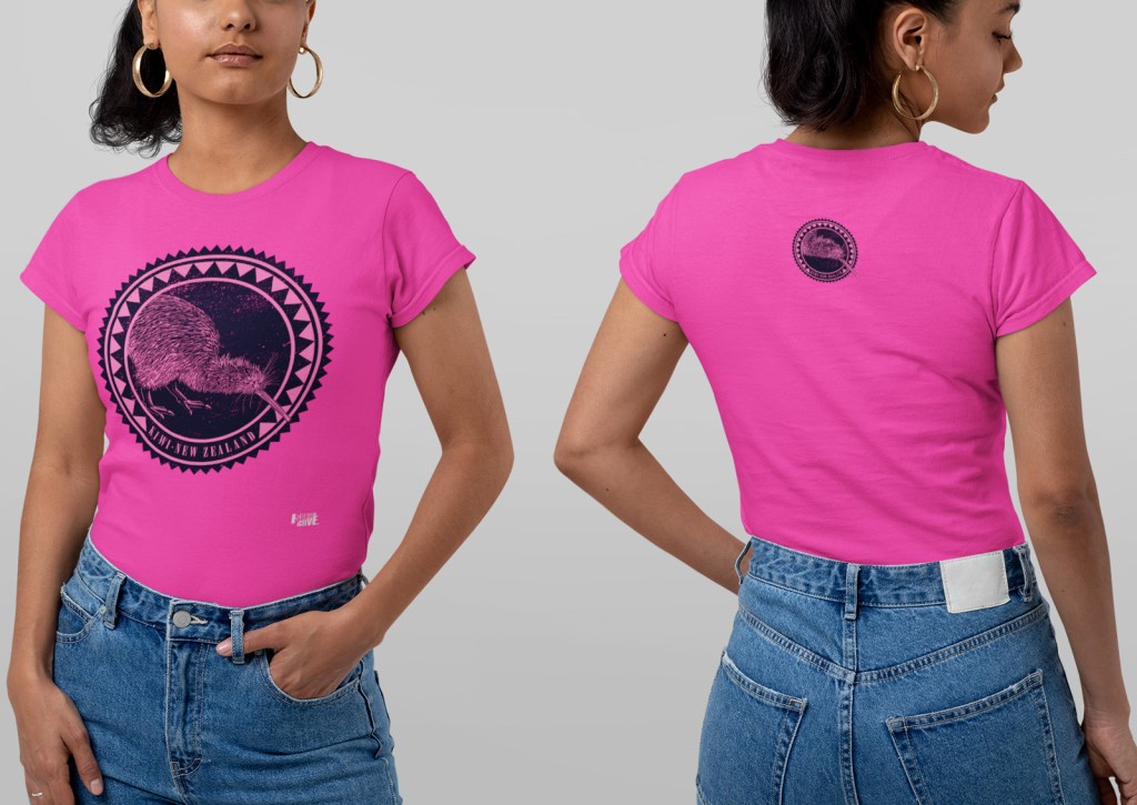 A both-sides view of a woman wearing a double-sided hot pink kiwi New Zealand t-shirt in a studio.