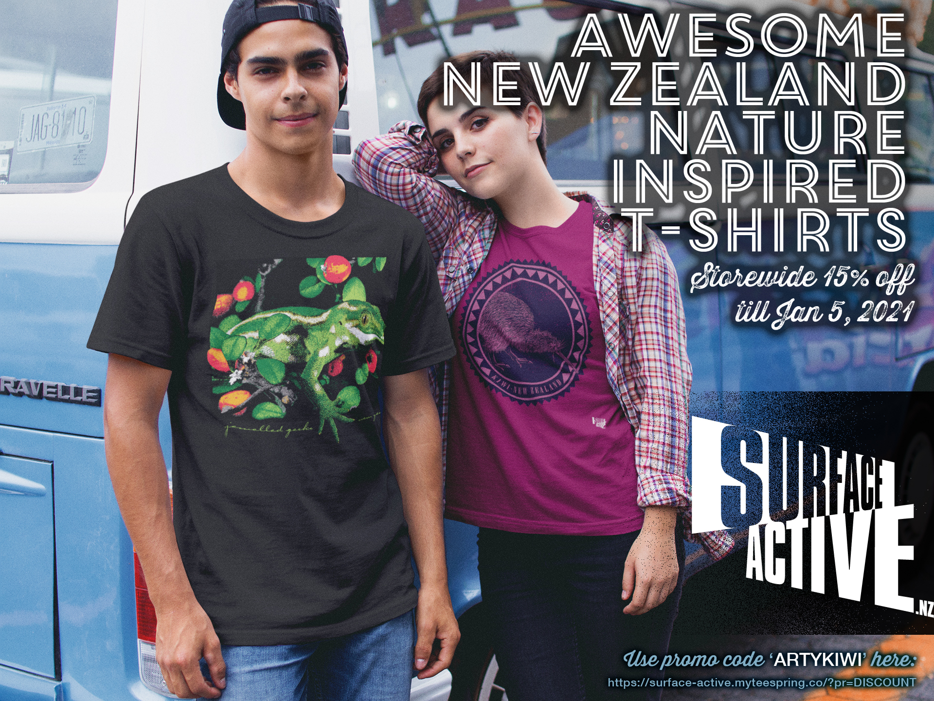 Awesome New Zealand Nature Inspired T-shirts. Storewide 15% off till Jan 5, 2021. Promotional Facebook Ad for Surface Active New Zealand Artwear T-shirts. . Young couple wearing a jewelled gecko New Zealand and a kiwi New Zealand t-shirt leaning against a blue VW Kombi van.