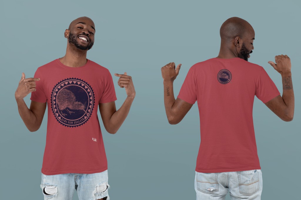 Front and back view of a young man wearing a deep red kiwi New Zealand double-sided t-shirt in the studio.