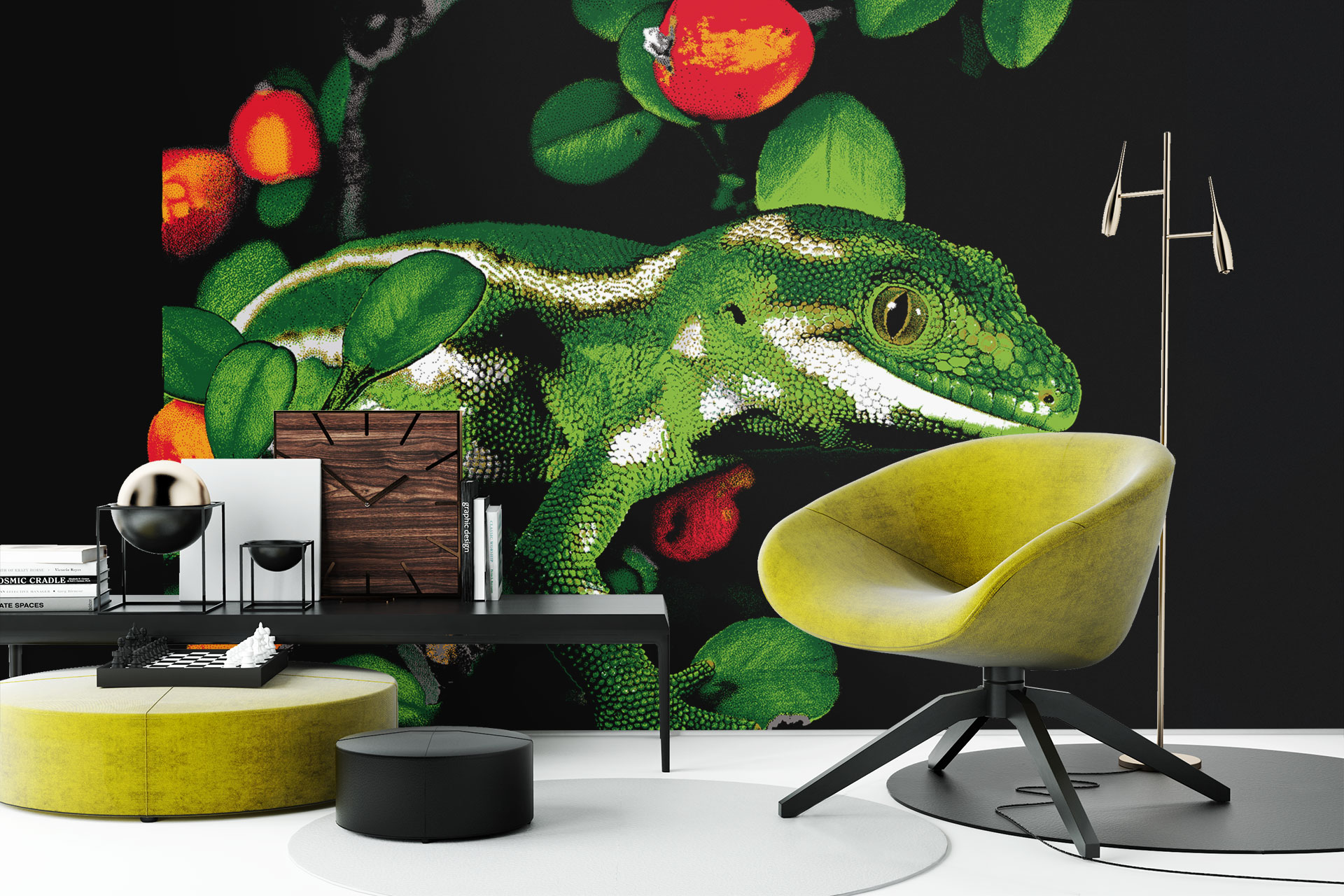 Large format wall mural of jewelled gecko new zealand art print in a room with modern furniture.