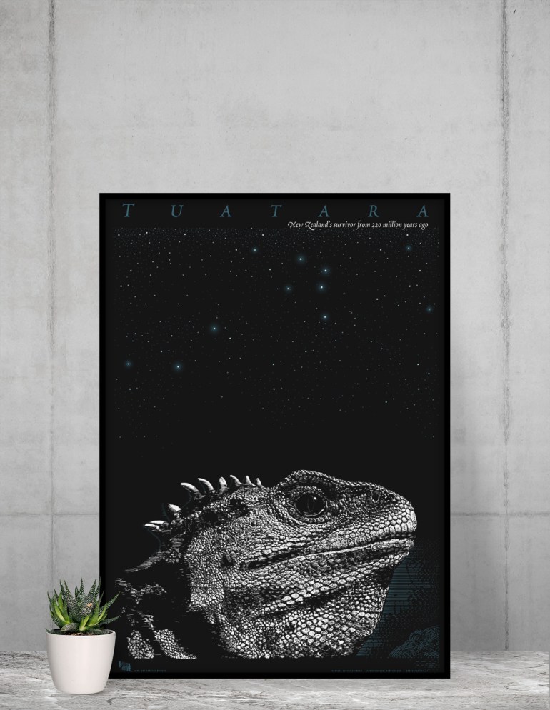Surface Active tuatara framed poster against a concrete wall.