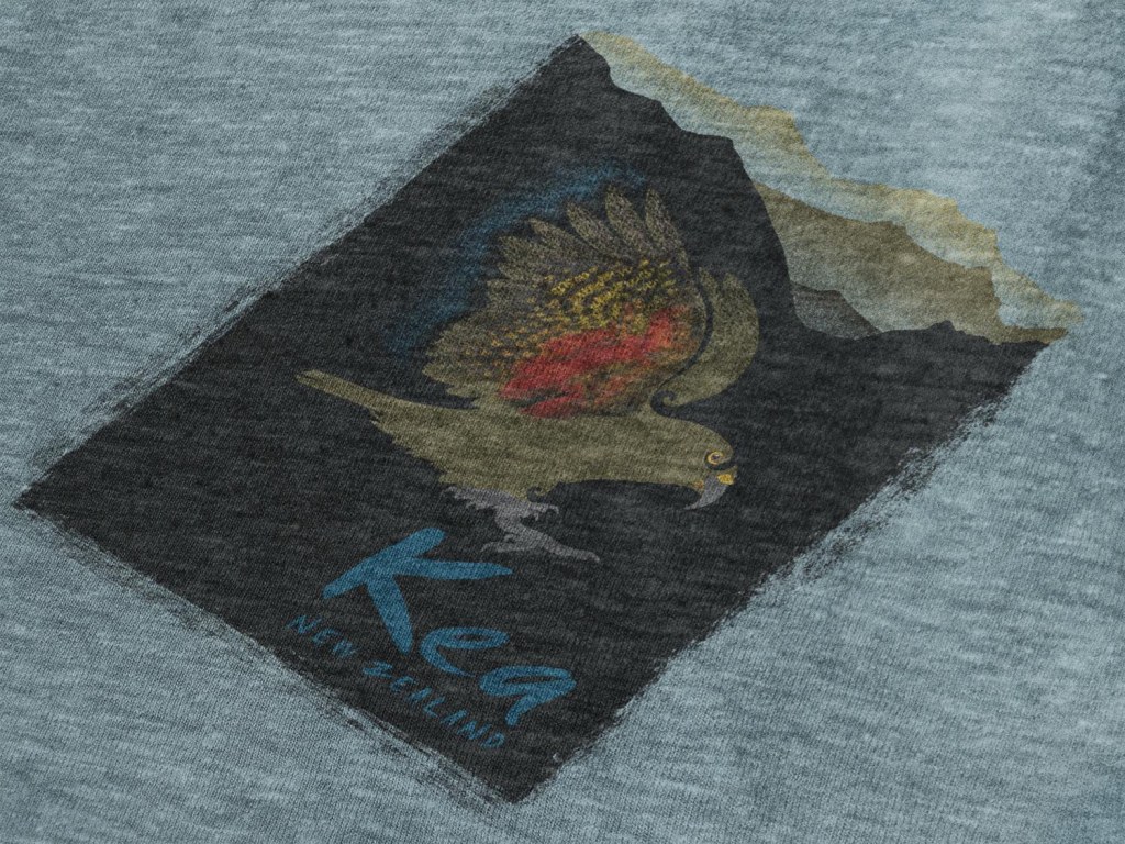 Close-up of the front print over the chest on a Kea New Zealand alpine parrot t-shirt.