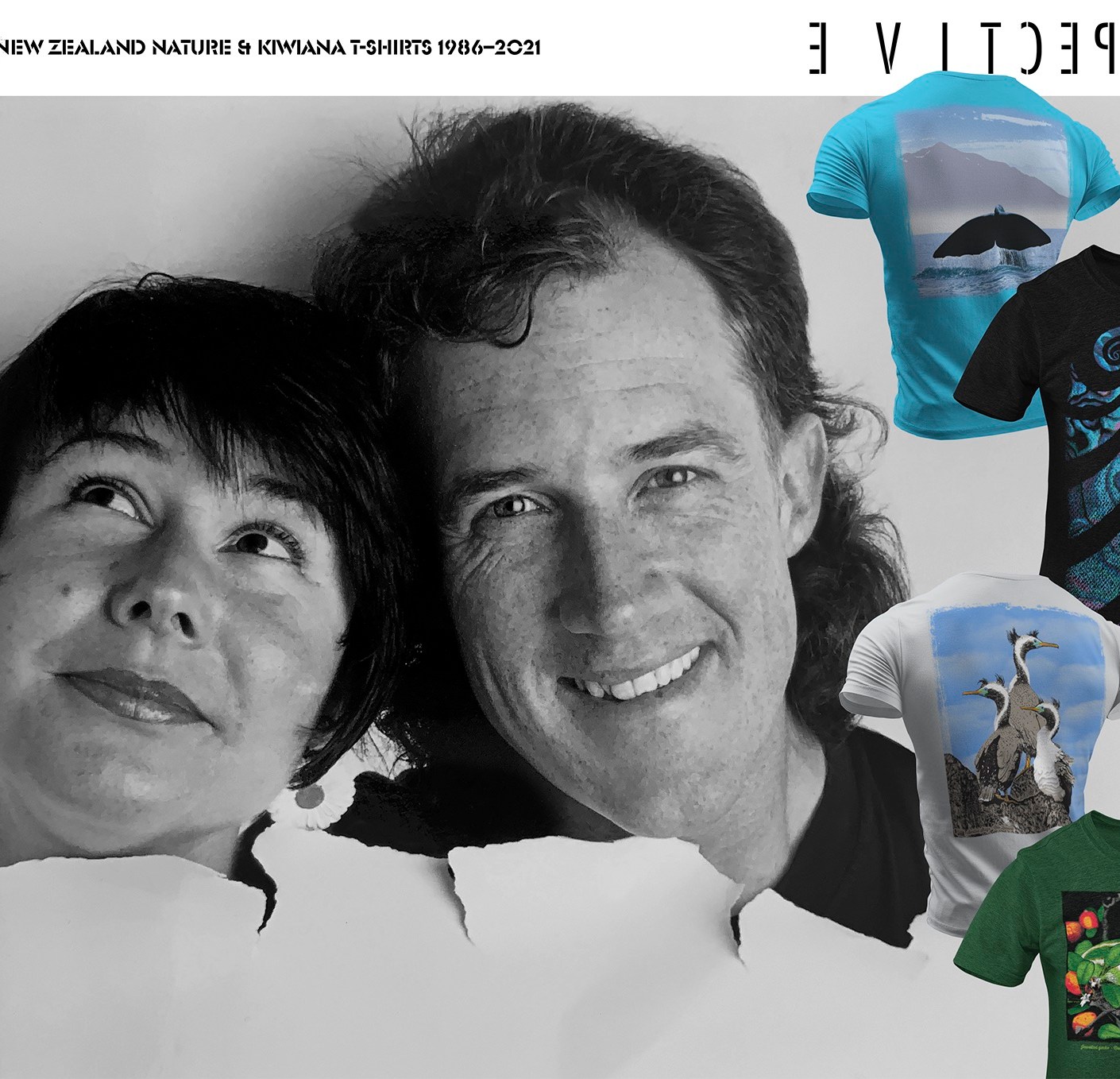 Surface Active Retrospective exhibition poster. New Zealand Nature & Kiwiana t-shirts 1986—2021. A closeup portrait of Chrissie Terpstra and Shaun Waugh. Their heads are bursting through a big sheet of paper. To their right are four Surface Active t-shirt designs on ghosted short sleeve t-shirts.