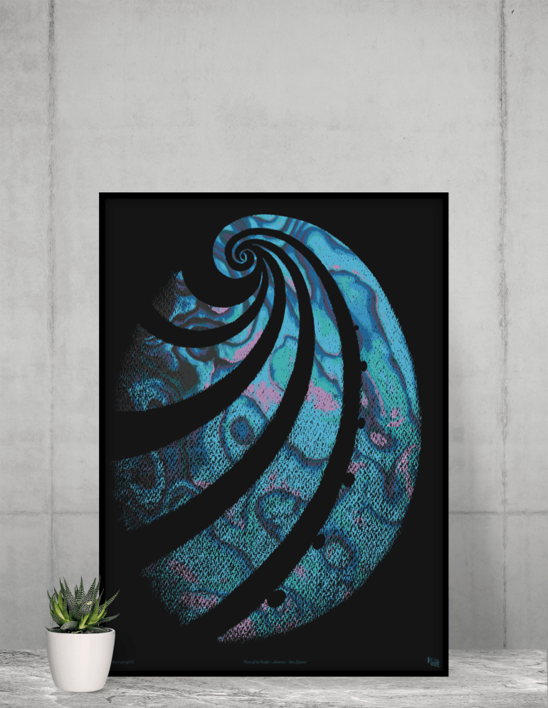Large format Paua of the Pacific art print, 84 cm x 59 cm (approx.), box-framed in black, leaning up against a concrete wall.