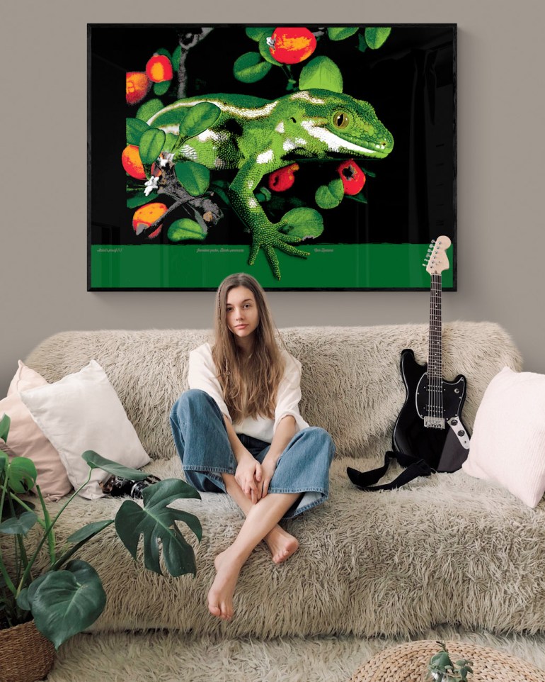 An A0 sized Surface Active New Zealand wildlife art print, titled: Jewelled gecko, Banks Peninsula, hung in a cosy teenage girl’s room.