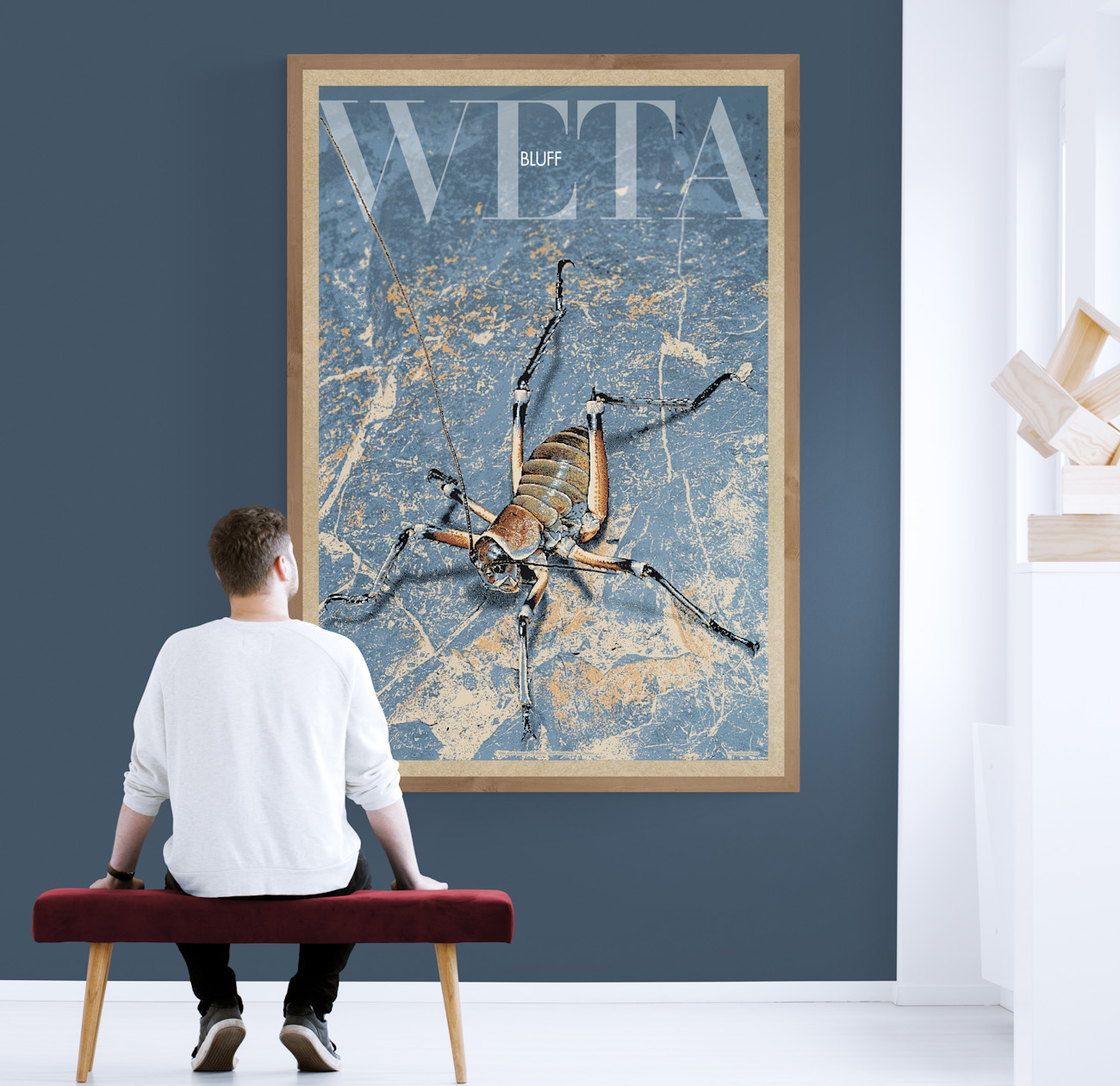An art print of a Giant Bluff Weta in a pixel-painted style, hung on an art gallery wall, showcasing its oblique pose and detailed features.