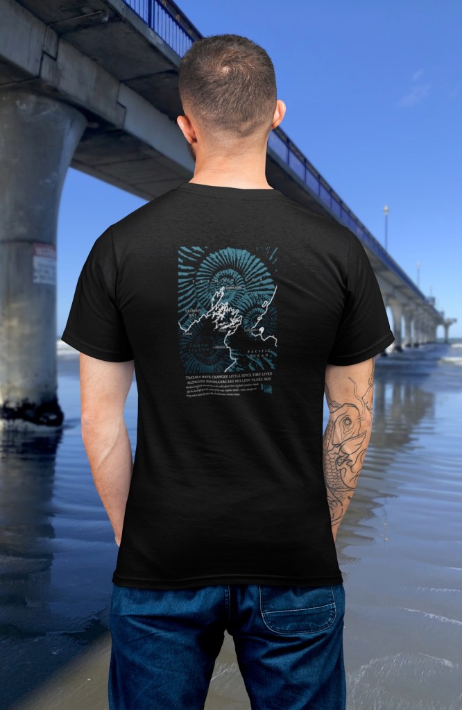 Two colour “living fossil” map of the Marlborough Sounds centred on Stephens Island, printed on a black t-shirt, Stephens Island is the sancutary for Tuatara. The map compliments the Tuatara portrait on the front of the shirt.