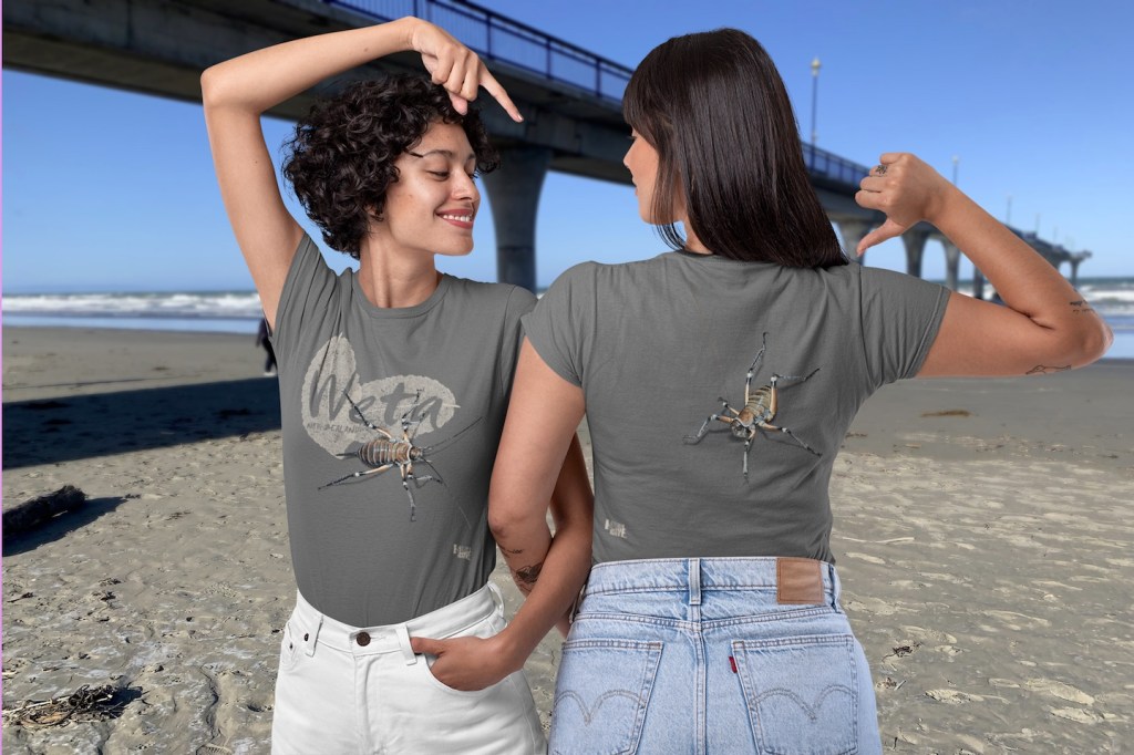 Two smiling women modelling both sides of the Surface Active Weta, New Zealand t-shirt on New Brighton beach alongside the New Brighton pier.