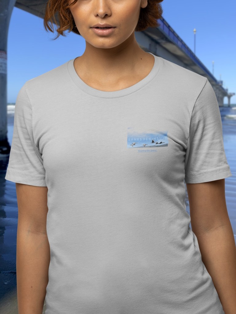 Front view of the chest badge print on a grey Surface Active spotted shags, Banks Peninsula, Canterbury, New Zealand t-shirt worn by a woman photographed alongside New Brighton pier. 