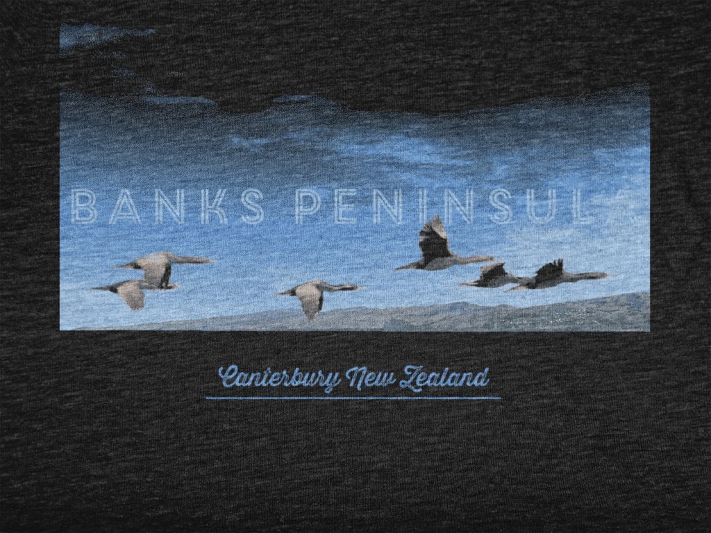 Close-up of the chest badge print on a black Surface Active spotted shags, Banks Peninsula, Canterbury, New Zealand t-shirt.