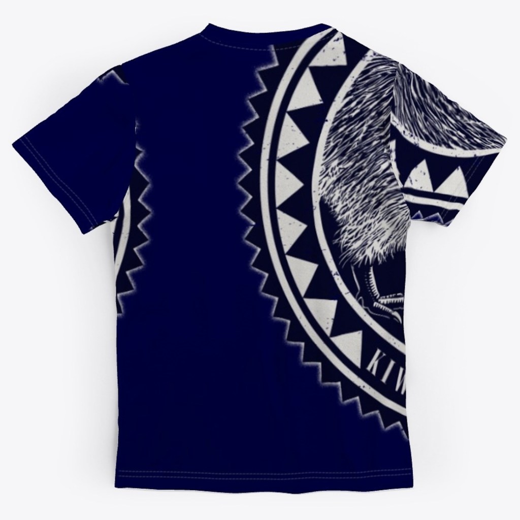 Back view of the Surface Active all over printed iconic kiwi, New Zealand t-shirt, showing how we “wraparound” print on the front, back, sleeves and collars.