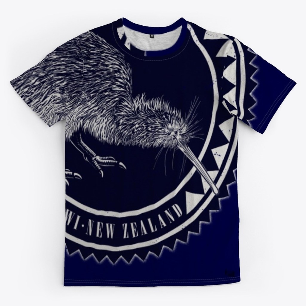 Front view of the Surface Active all over printed iconic kiwi, New Zealand t-shirt, showing how we “wraparound” print on the front, back, sleeves and collars.