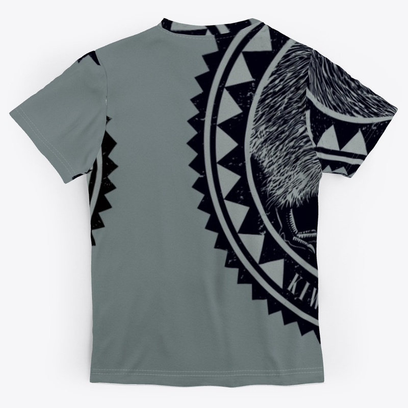 Back view of the Surface Active all over printed iconic kiwi, New Zealand t-shirt, light shirt version, showing how we “wraparound” print on the front, back, sleeves and collars.