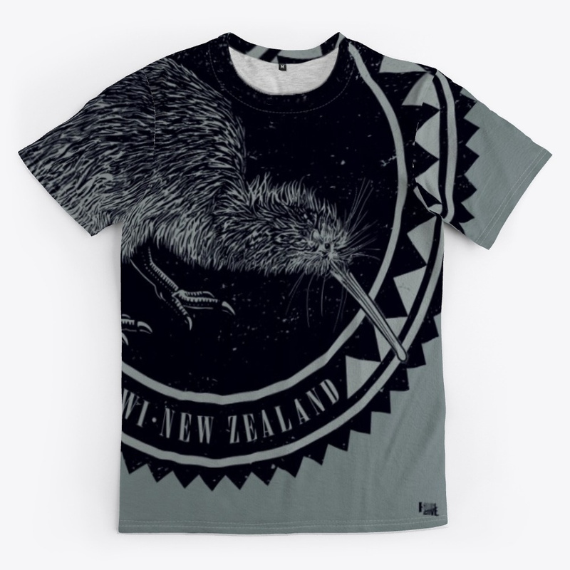 Front view of the Surface Active all over printed iconic kiwi, New Zealand t-shirt, light shirt version, showing how we “wraparound” print on the front, back, sleeves and collars.