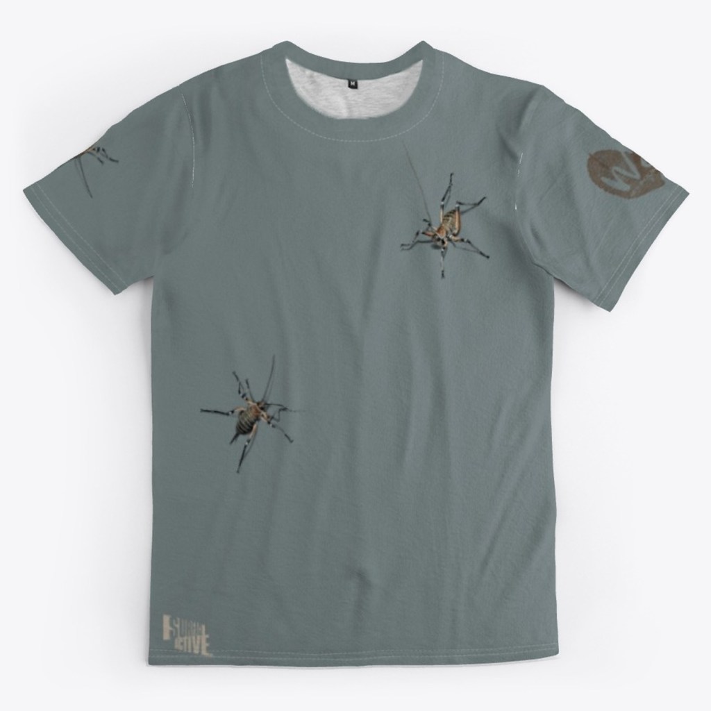 Front view of a Surface Active weta New Zealand all-over printed t-shirt.