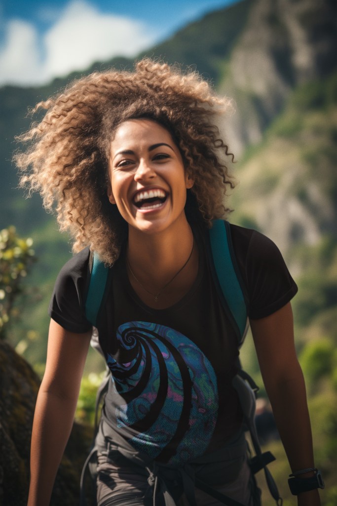 A smiling young woman hiking in the wilderness wearing a black Surface Active t-shirt with a colourful Paua shell design.