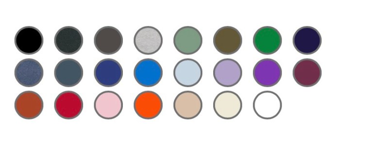 Colour palette of the 23 garment colours that Surface Active t-shirts are available in.